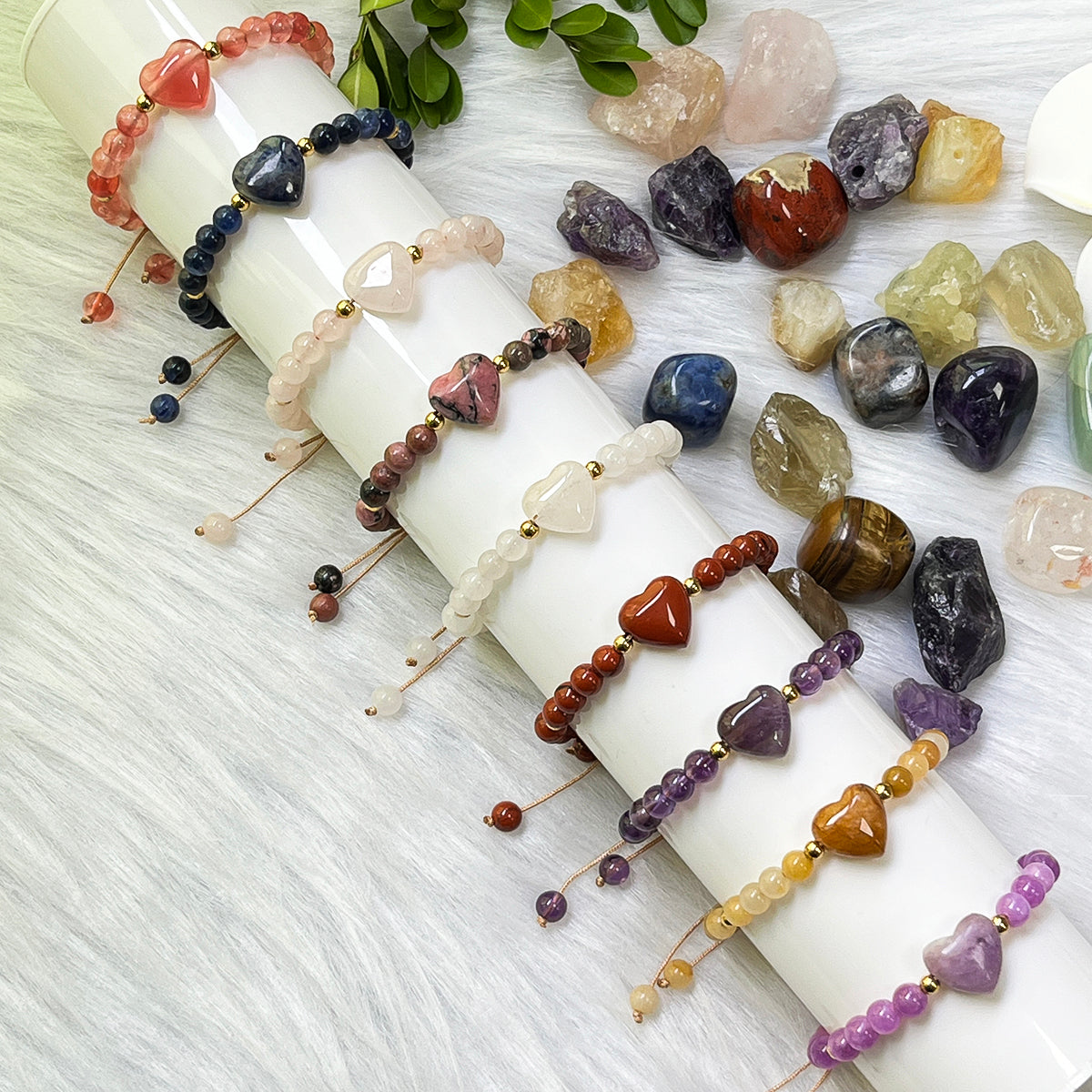 ----- 6mm Natural Amethyst Rose Quartz Heart Bead Braided Bracelet