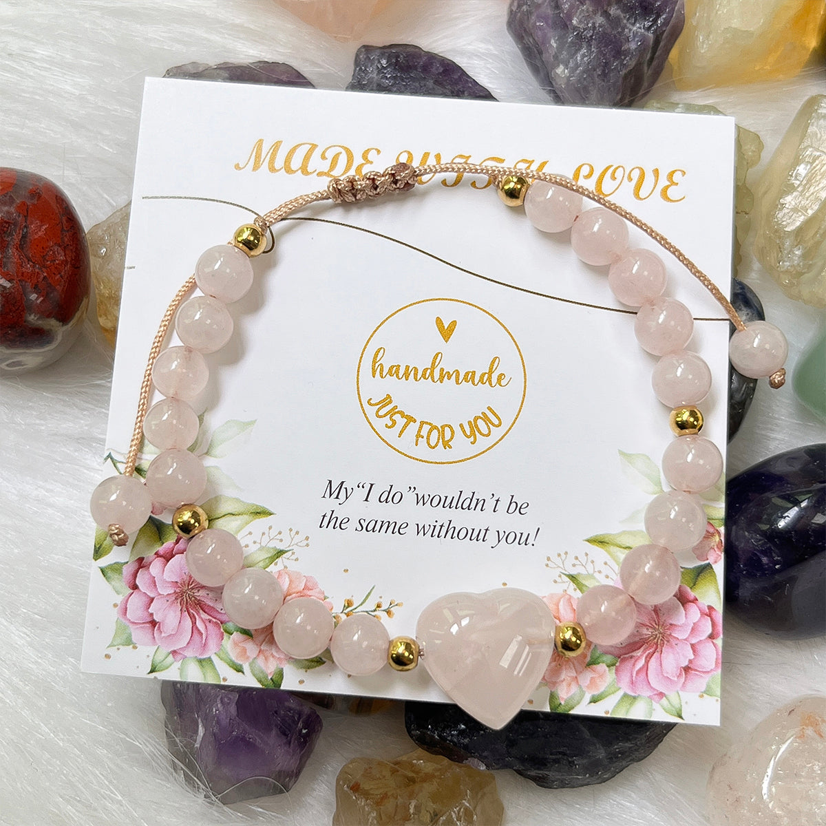 ----- 6mm Natural Amethyst Rose Quartz Heart Bead Braided Bracelet