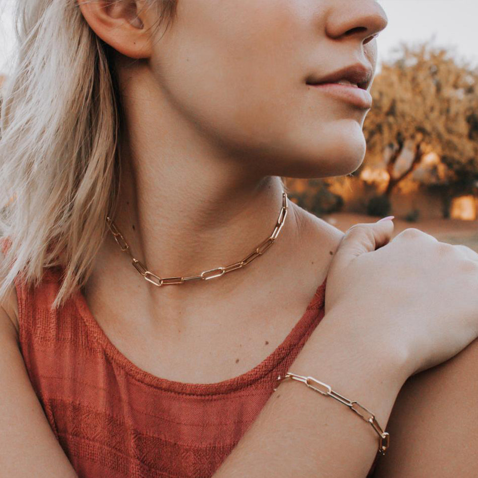 Stainless Steel Paper Clip Link Chain Necklace 14K Gold Plated Punk Chains Choker Necklace For Women