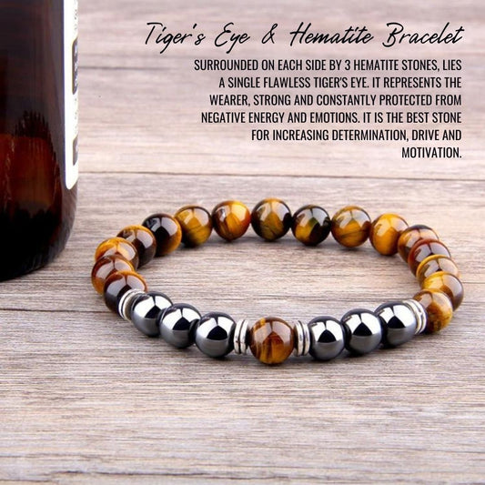 1pcs determination, drive and motivation tiger eye and hematite bracelet
