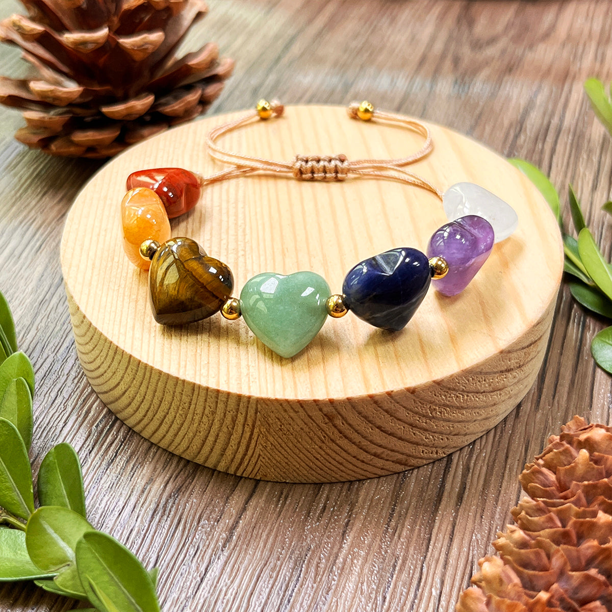 -----7 Chakra Beaded Bracelet with Amethyst Tiger's Eye Green Aventurine Heart Trendy Jewelry for Love Harmony Anniversary Gift