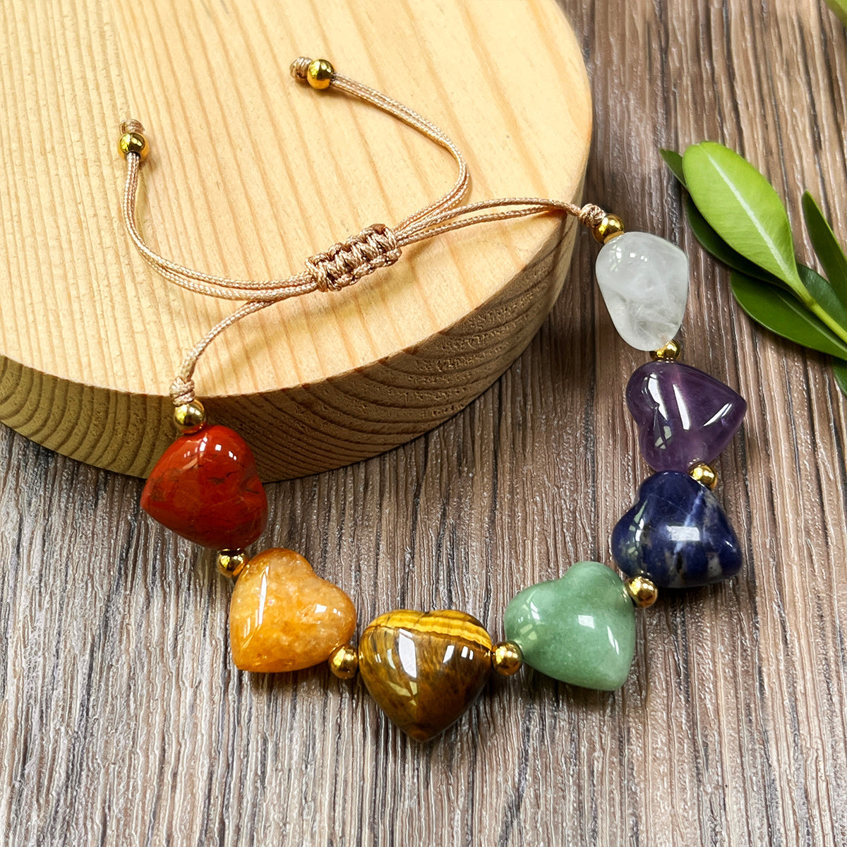 -----7 Chakra Beaded Bracelet with Amethyst Tiger's Eye Green Aventurine Heart Trendy Jewelry for Love Harmony Anniversary Gift