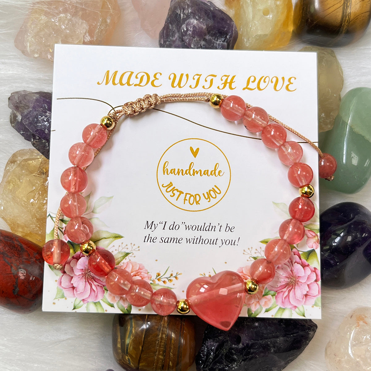 ----- 6mm Natural Amethyst Rose Quartz Heart Bead Braided Bracelet