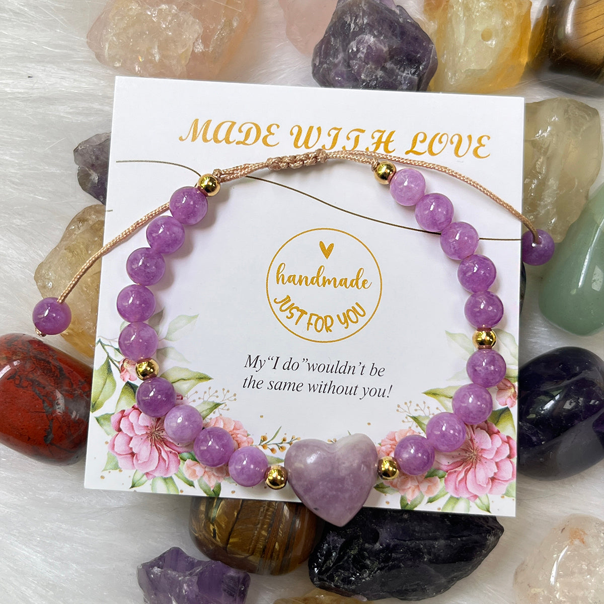 ----- 6mm Natural Amethyst Rose Quartz Heart Bead Braided Bracelet