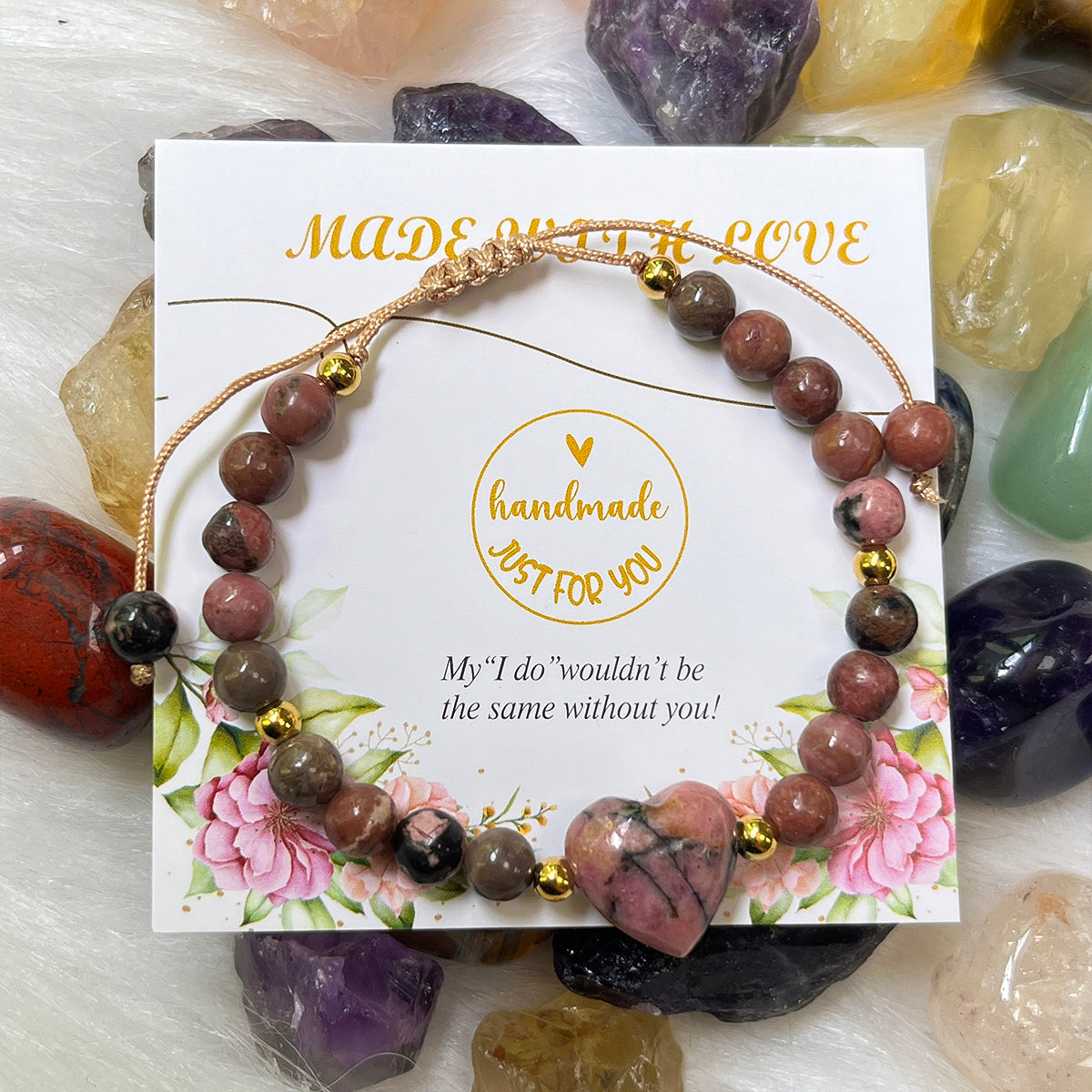----- 6mm Natural Amethyst Rose Quartz Heart Bead Braided Bracelet